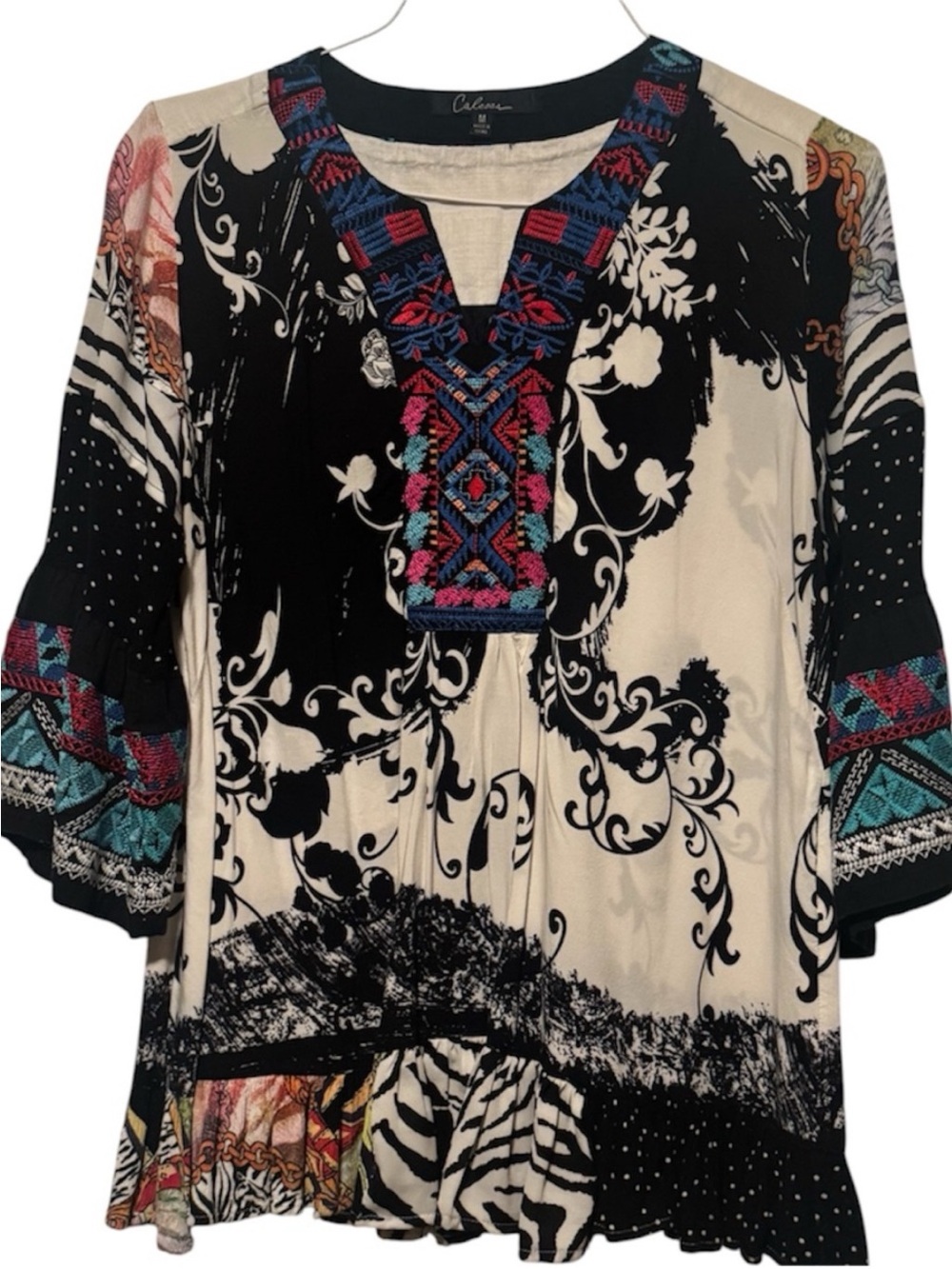 Calessa Black & Ivory Embroidered V-Neck Tunic with Multicolor Accents
